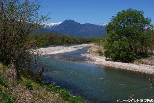 河畔から有明山を望む