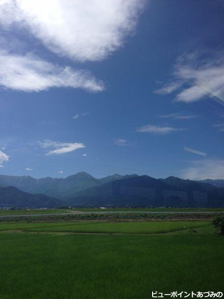 夏の空、常念岳と田園